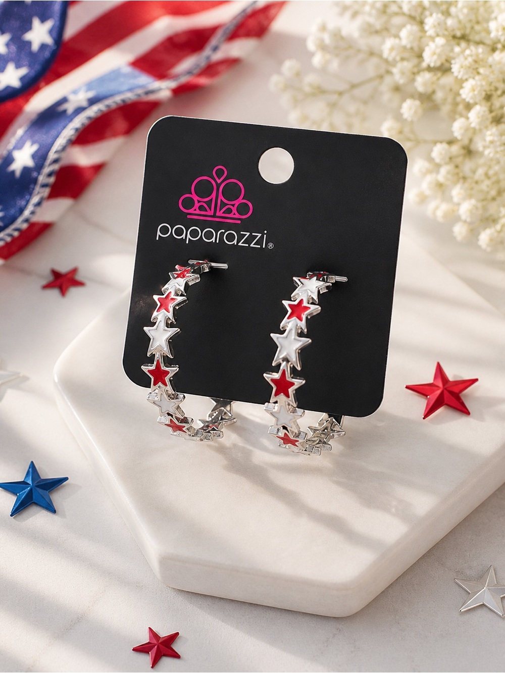paparazzi Silver Hoop Earrings with Red and White Stars, July 4th Hoops